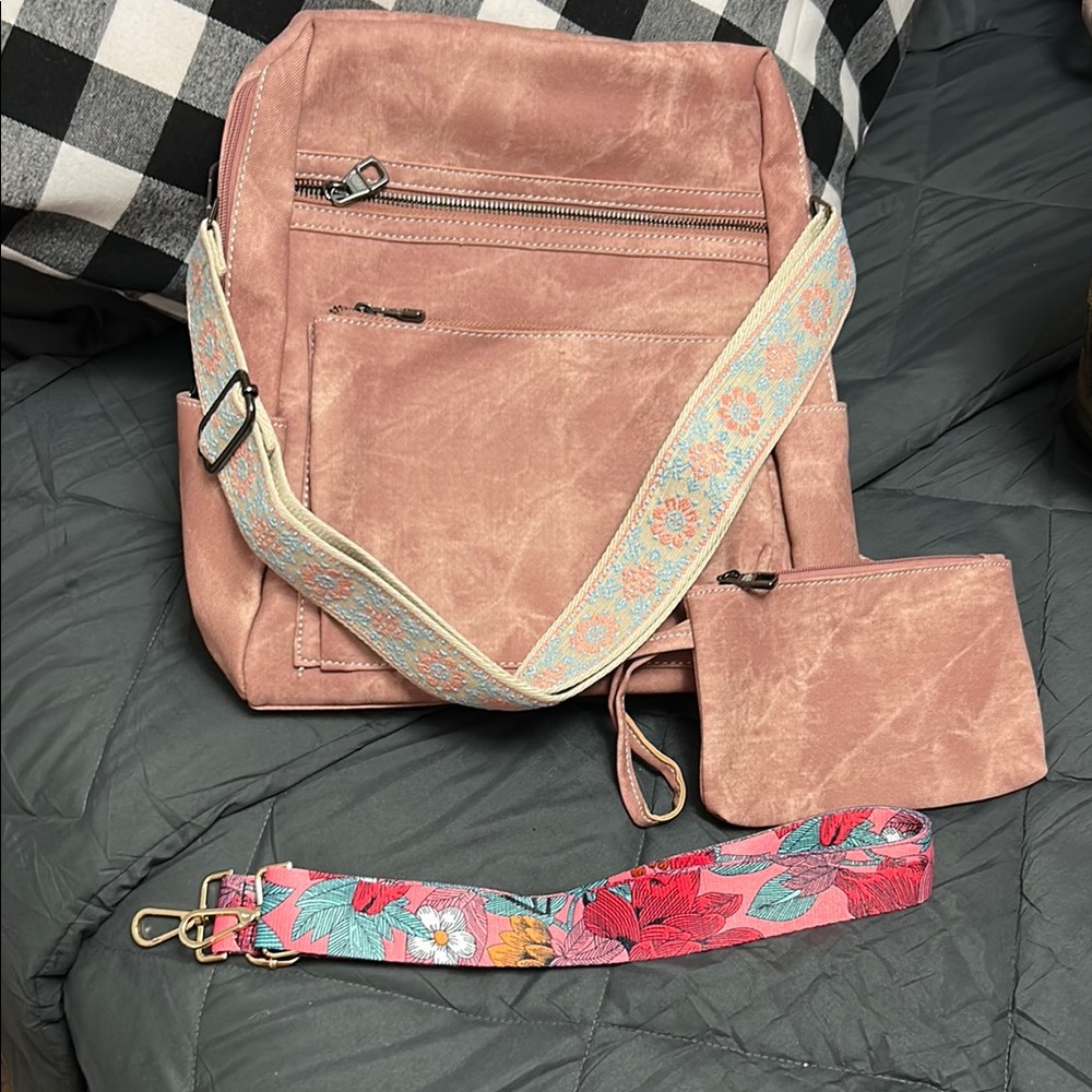 Stylish Pink Backpack with two Floral Straps and a pouch/wallet